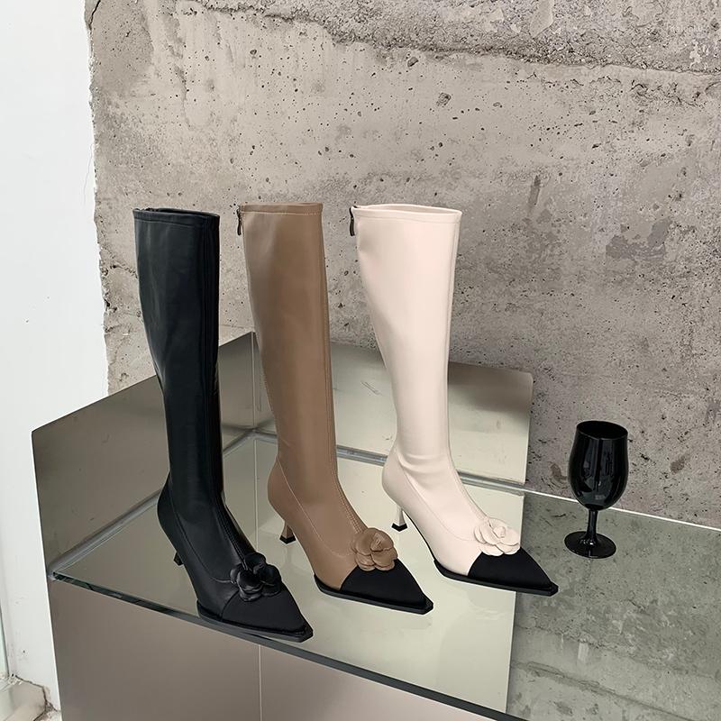 

Boots Fashion Women Stretch Mixed Color Flower Design Autumn Winter Knee High Thin Heels Beige Khaki Black Zipper