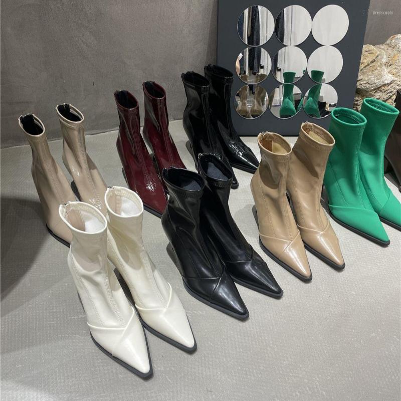 

Boots Black White Beige Women Ankle Pointed Toe Sock Botas Thin High Heels Back Zipper Stretch Shoes Woman Size 35-39 Party Pump