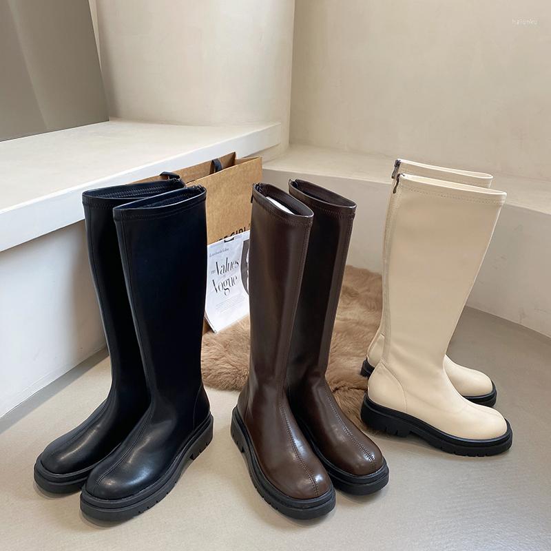

Boots Round Toe Women Knee High Heels Booties Flat Low White Brown Black Back Zipper 2022 Arrivals Winter Platform