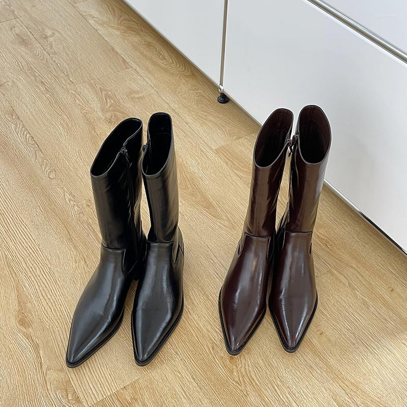 

Boots Pointed Toe Women Mid Calf Black Brown Flat Low Heels Side Zipper Winter 2022 Arrivals Western Booties Size 35-39