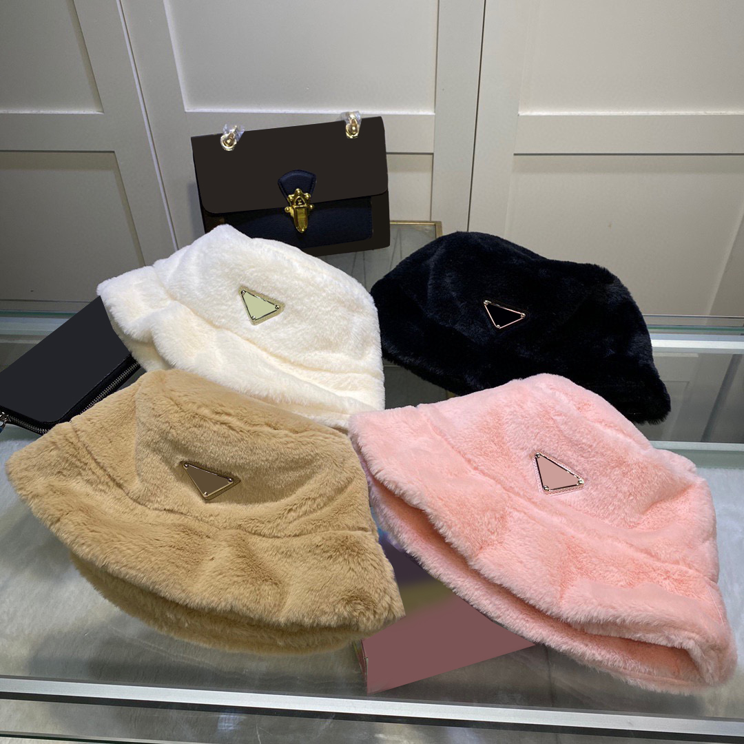 

Trendy Plush Bucket Hat Autumn Winter Triangle Icon Caps Men Women Furry Fisherman Hats Casquette With Tags, Pink