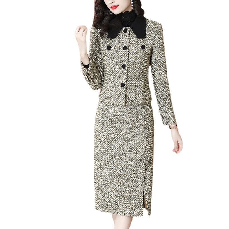 

Woolen Two Piece Dress Turn-down collar Winter Clothing Sets Elegant office Jacket and slim fit Skirt suit women's warm wear, Red