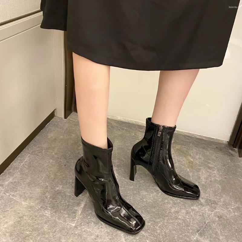 

Boots Square Toe Women Ankle Sock Booties Black Beige Khaki Flock/Patent Leather Thick High Heels Side Zipper Short Bootie 35-39, Black 1