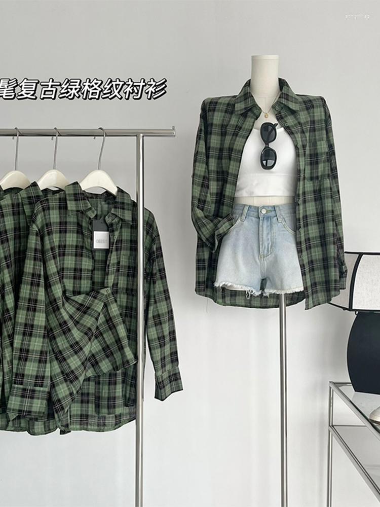 

Women's Blouses Women Autumn Winter Vintage Plaid Classic Basic Over-shirt Oversize Long Sleeve Turn-down Collar Harajuku Casual, Green