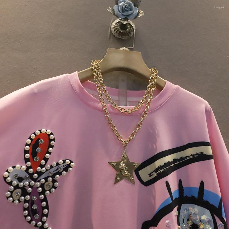 

Women's T Shirts Summer 2022 Fashion Beaded Printed Tshirt Women Temperament Crew Neck Short-Sleeved T-shirt Loose Oversized Pink Shirt Top