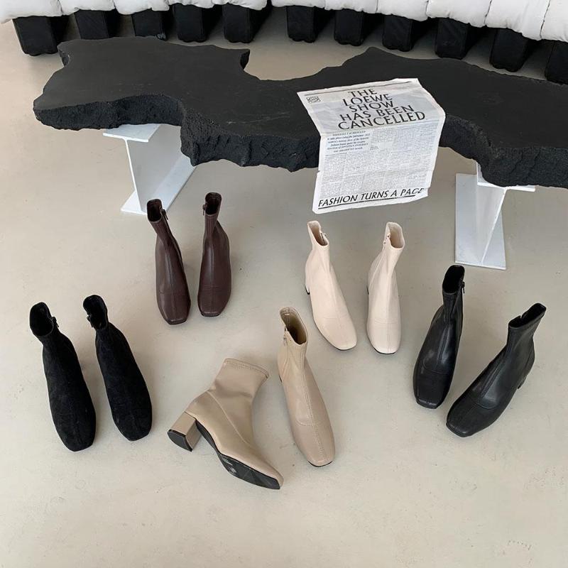 

Boots Fashion Women Ankle Round Toe Sock Botas Thick Mid Heels Stretch Shoes 2022 Arrivals Party Pumps Side Zipper Soft Flat, Black 1
