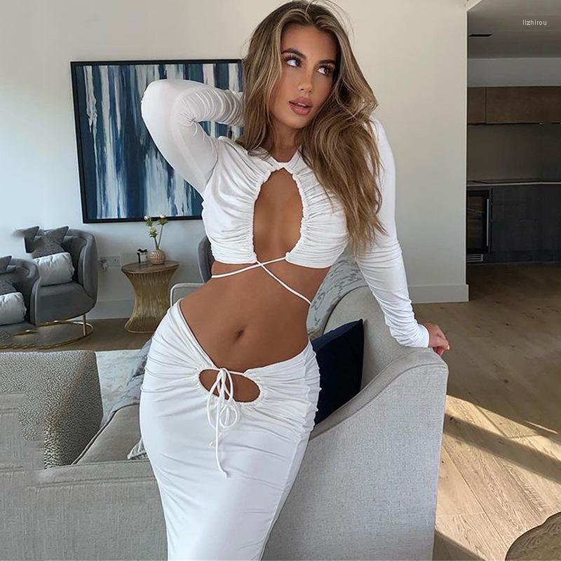 

Skirts 2022 Spring Fall Sexy Bandage Maxi Skirt Suit Long Sleeves Hollow Out Top And Sets For WomenS Party Bodycon Dress, Fd9218 1