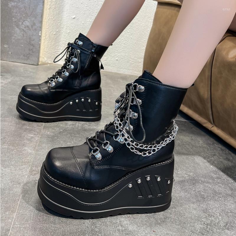 

Dress Shoes 2022 Brand Punk Women's Boots Fashion Gothic Style Girls Cosplay Platform High Heels Wedges Booties Woman, Black
