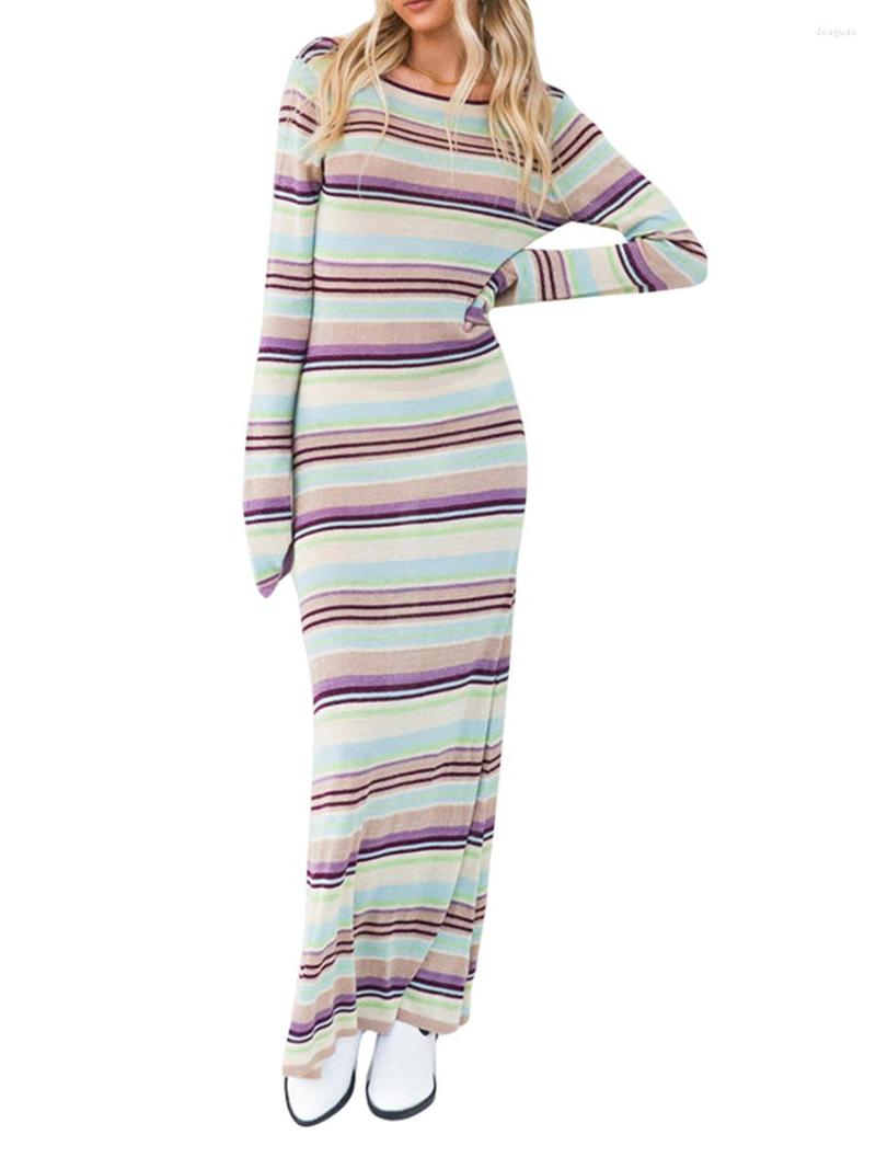 

Casual Dresses Women Bodycon Dress Bandage 2022 Backless Long Striped Print Knitted Vestidos, Multi