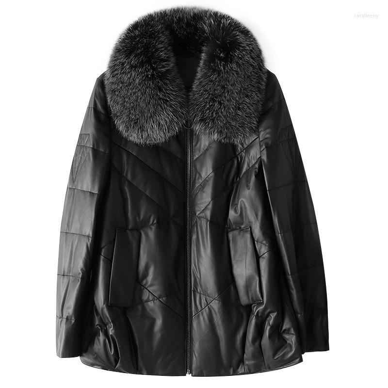 

Women's Leather Hwitex Women Genuine Sheepskin Coat Duck Down Casual Lady Fur Collar Jacket Chamarras De Mujer Para Invierno HW3038, Black