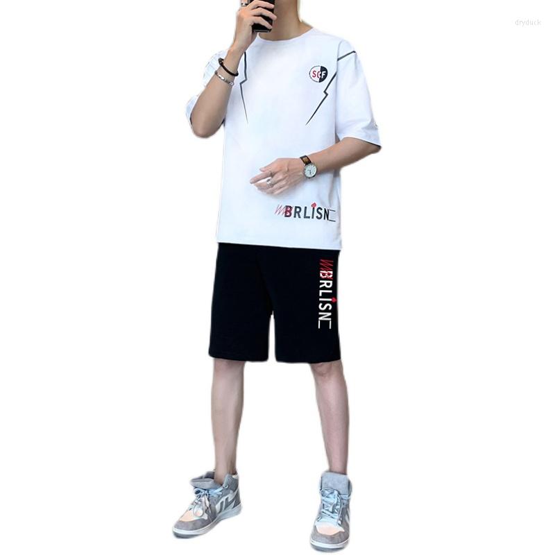 

Men's T Shirts 2022 Summer Cotton Print Short-sleeved T-shirt Set Loose Shorts Sports Two-piece Men Clothing, Black