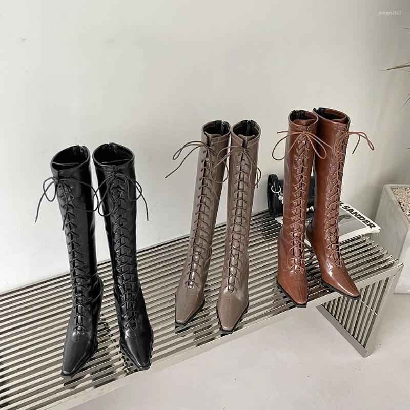 

Boots Small Square Toe Women Knee High Cross Tied Lace Up Winter Long Booties Black Brown Khaki Side Zipper Thin Heels 39