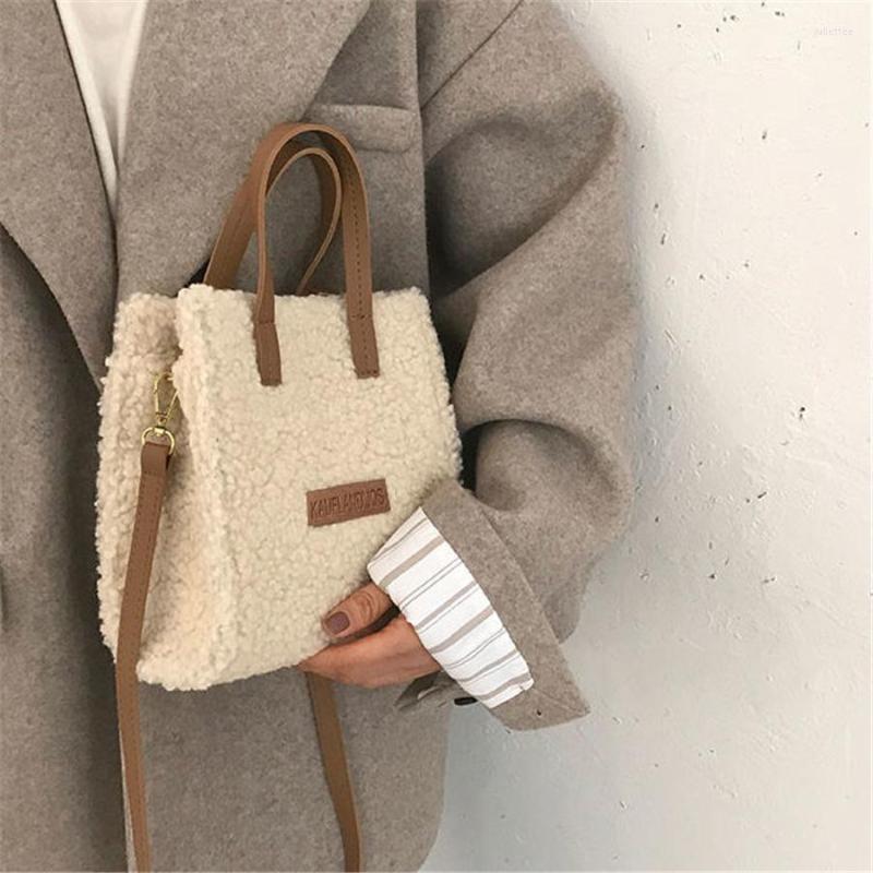 

Evening Bags Women Winter Shoulder Bag Lamb Wool Warm Soft Autumn Ins Square Cross-body Portable Casual Beige Khaki Girls Preppy Style, White