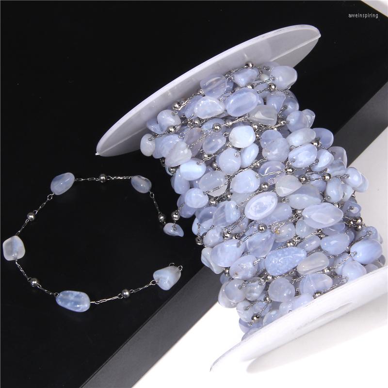 

Beads 50-100cm Natural Aquamarine Stone Stainless Steel Chain Irregular Reiki Bead Chains For DIY Earring Rings