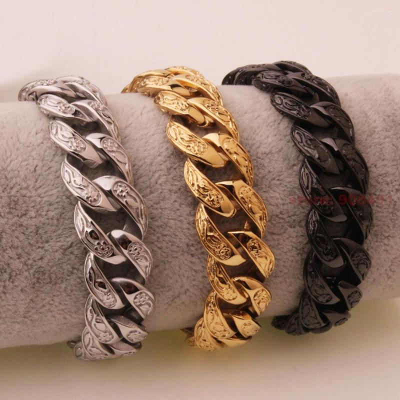 

Link Bracelets Fashion Jewelry Mens Vintage Silver Gold Or Black Stainless Steel Rose Flower Bracelet 15mm9"