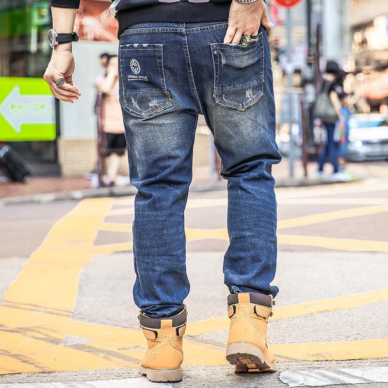 

Men's Jeans Size  Patched Holes Straight Men Cowboy Cool Design Dark Blue Washed Denim Pants Autumn, 6215