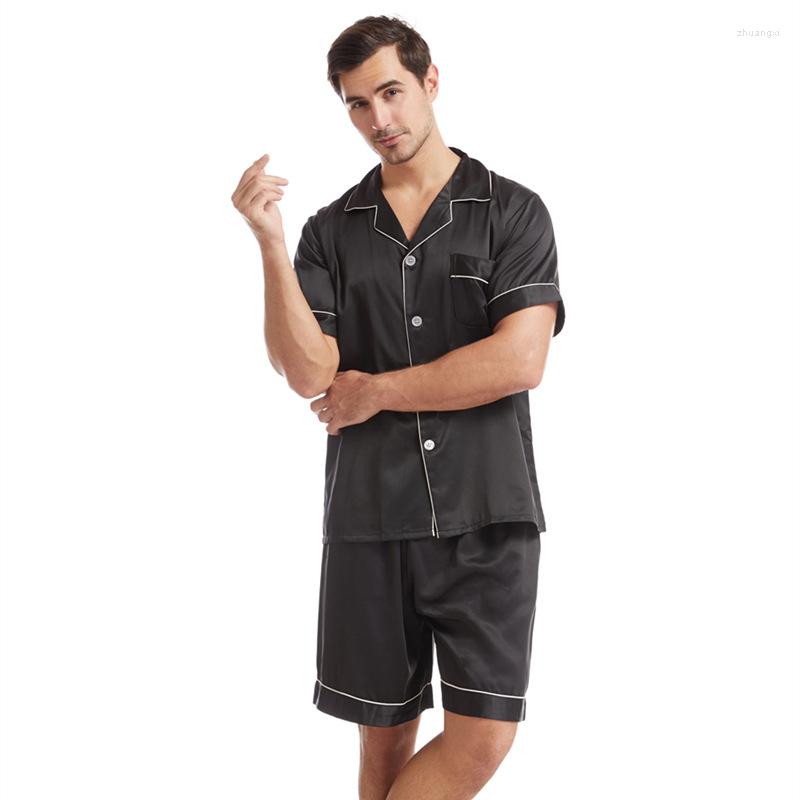 

Men' Sleepwear Pajamas Suit Casual Male Satin Lounge Wear Two Piece PJS Set Men Faux Silk 2022 Short Sleeve Shirt&Shorts, Black