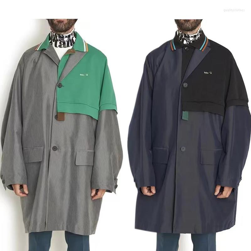

Men's Trench Coats 22AW KOLOR Arrival Black And Green Two-color Japan Polo Embroidery Men's Windbreaker Coat Single Breasted Navy Loose, Navy blue