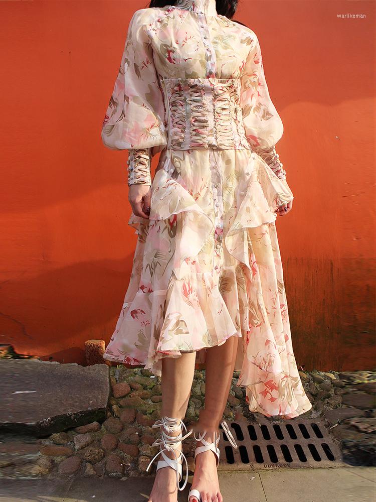 

Casual Dresses Retro Printing Heavy Craftsmanship Button-shaped High Waist Irregular Ruffled Dress Women' Autumn 2022 Style Girdle, Black