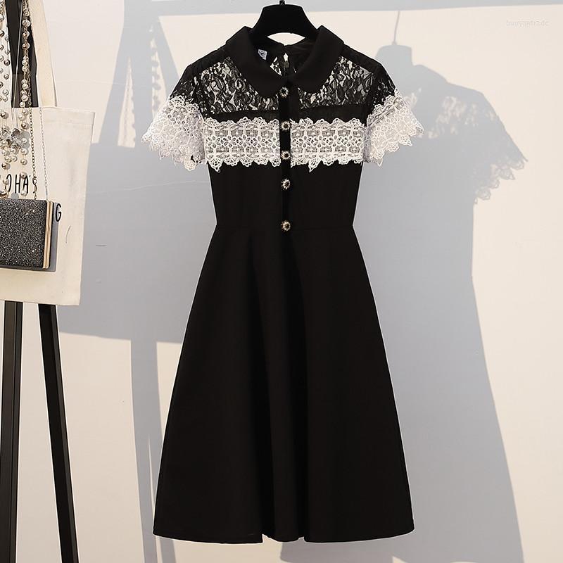

Casual Dresses Floral Lace Patchwork Chiffon Dress Women Turn Down Collar Shirts Office Lady Short Sleeve Party Plus Size 5XL A940, Multi