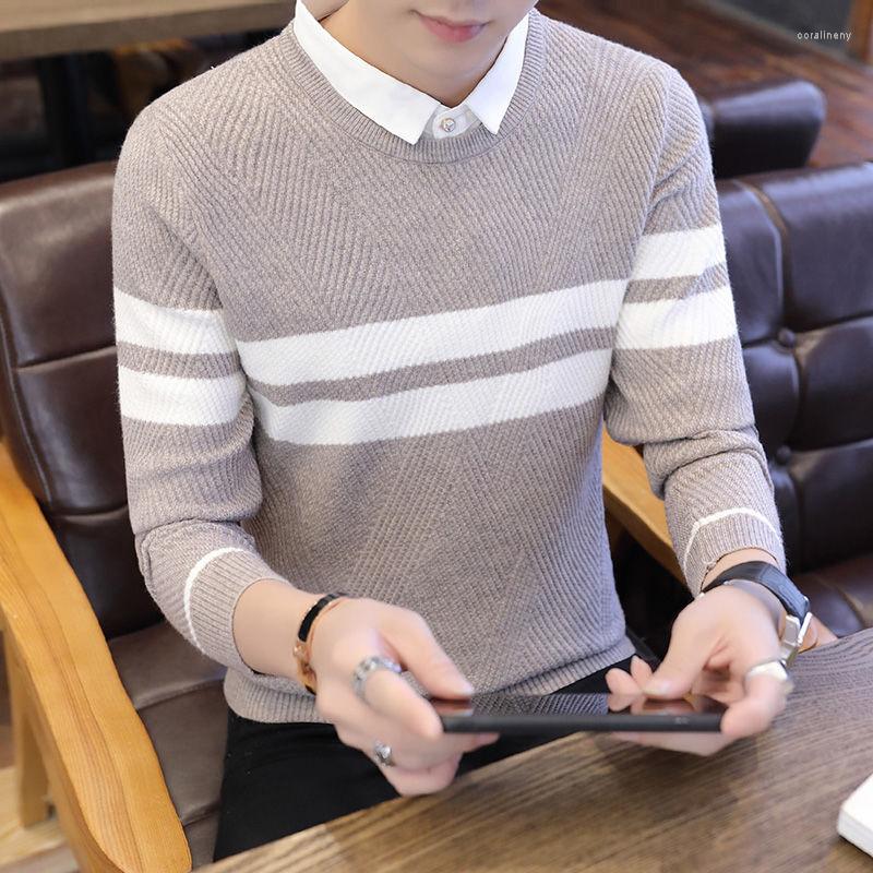 

Men' Sweaters Fashion Button Spliced Knitted Fake Two Pieces Striped Sweater Men' Clothing 2022 Autumn Casual Pullovers Loose Warm, Black