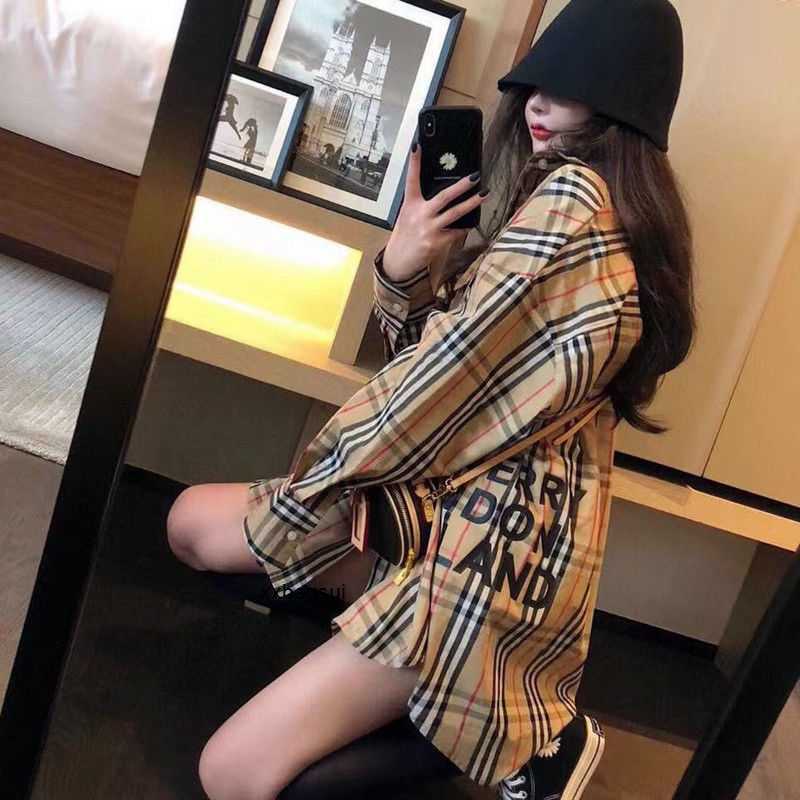 

burbrerys mens jackets coats Autumn Fashion Plaid Pocket Letter Medium Long Sleeve Shirt Womens Versatile Lazy Coat, Khaki 45-75kg