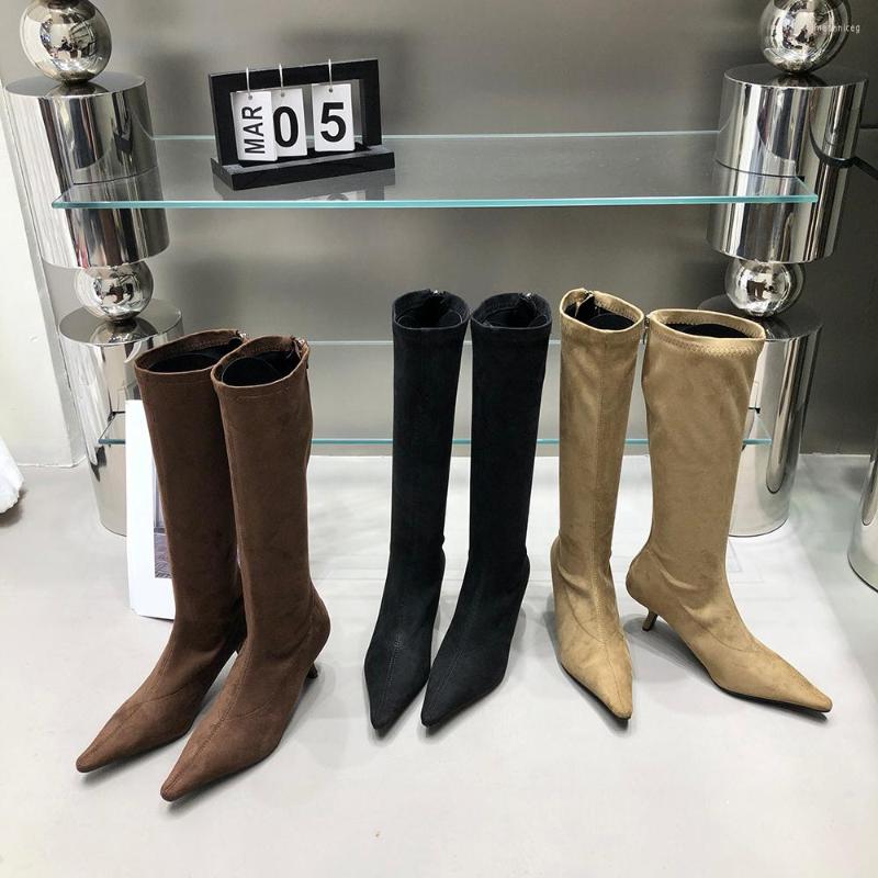 

Boots Pointed Toe Women Knee High 2022 Arrivals Fashion Flock Thin Heels Knight Botas Sock Booties Back Zipper Pumps, Black