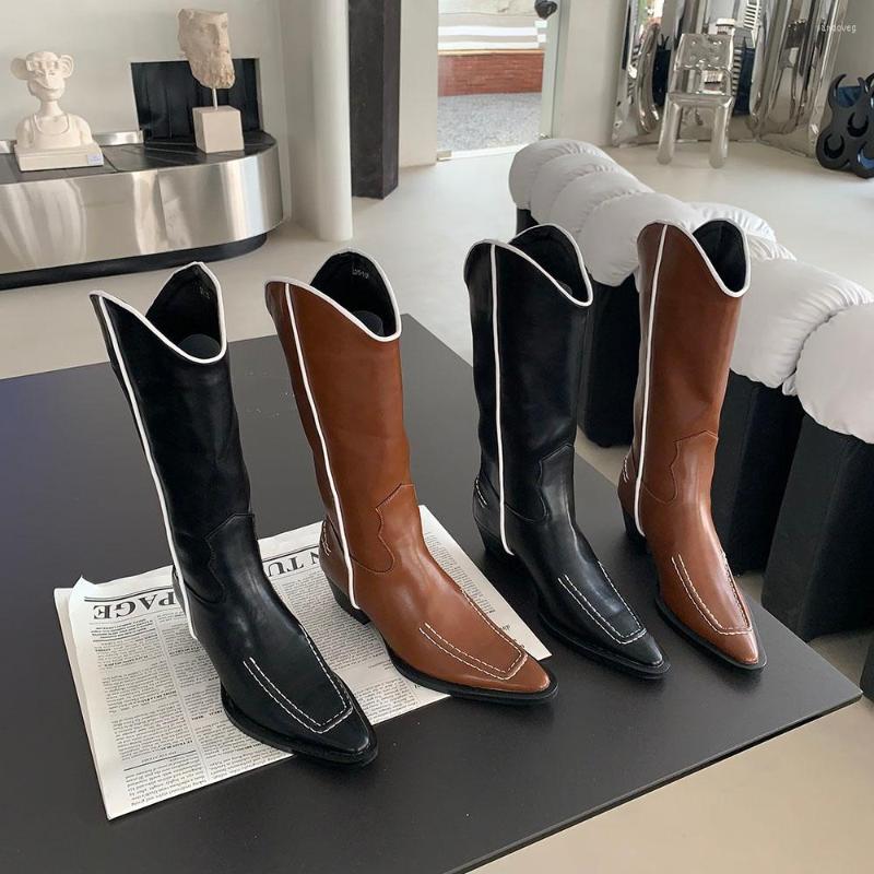 

Boots Fashion Women Western Pointed Toe Black Brown Flat Mid Heels Sewing Design Winter Snow Booties Ladies Party Pumps Size 39