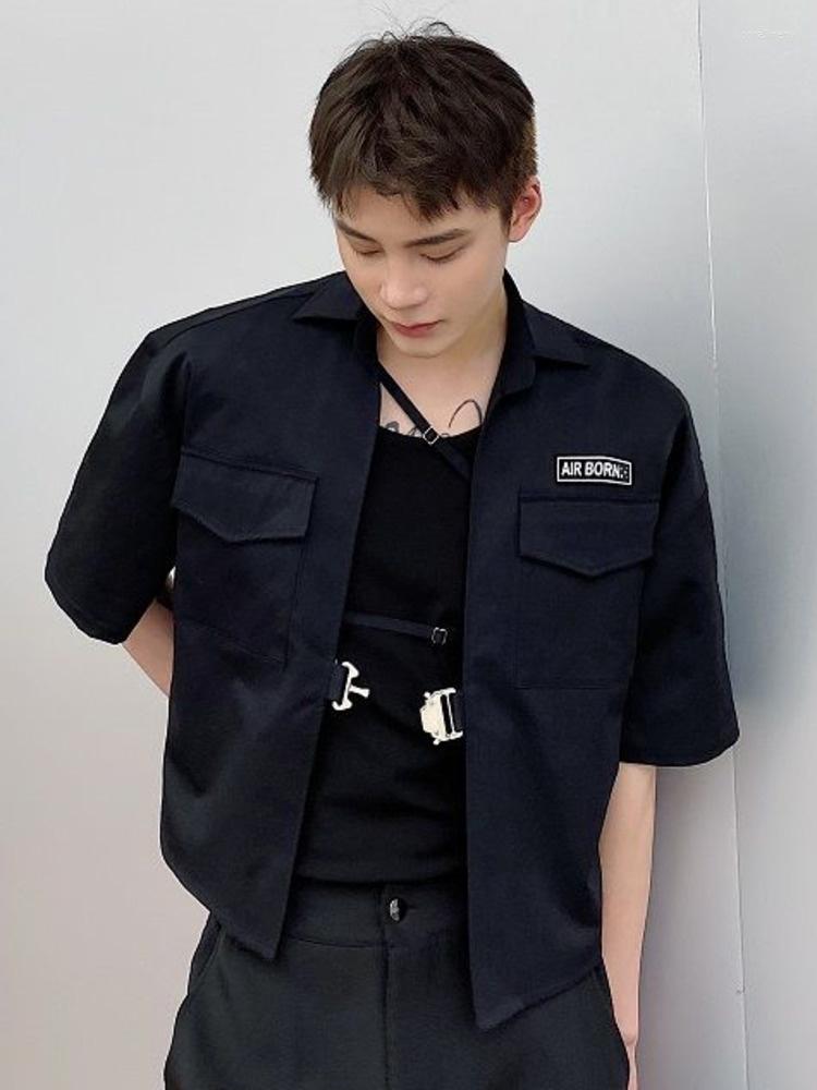 

Men's Casual Shirts Summer Personality Men's Dark Style Short Lapel Half Sleeve Handsome Work Shirt 2023 Fashion Solid, Black