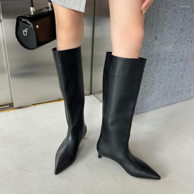 

Boots Pointed Toe Women Knee High Black White Shallow Slip On Thin Mid Heels 2022 Arrivals Dress Shoes Woman Size 35-40