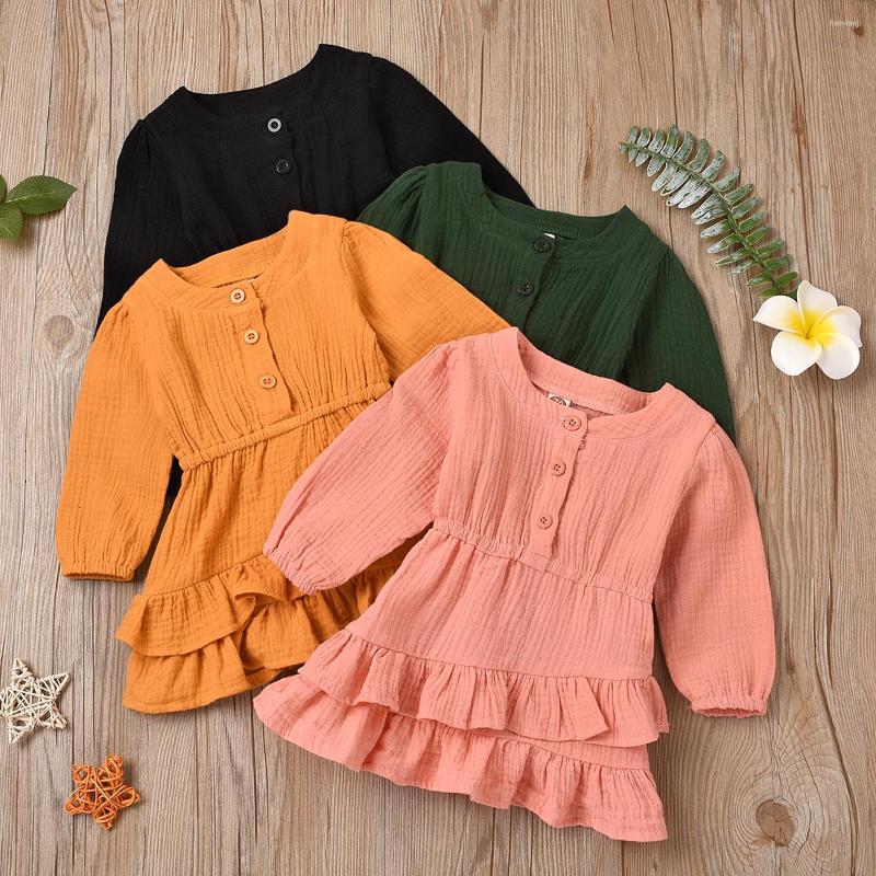

Girl Dresses 0-18M Born Baby Solid Color Long Sleeve Ruffles Cotton Dress One Pieces Clothes, Black