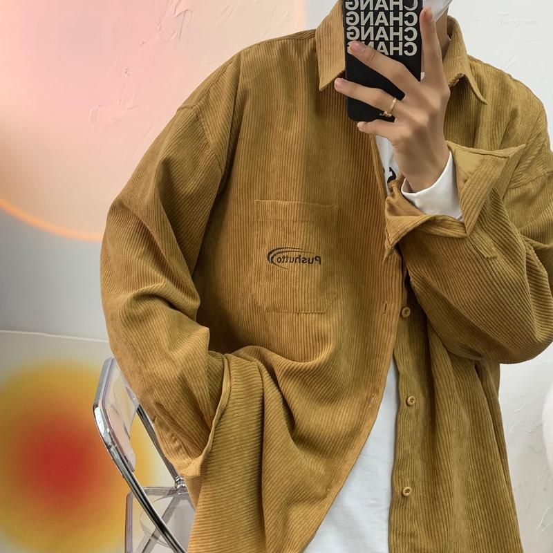 

Men' Casual Shirts Men' Corduroy Long Sleeve Autumn Korean Shirt Woman Fashion Oversize Printed Clothing Cardigan Blouses, Beige