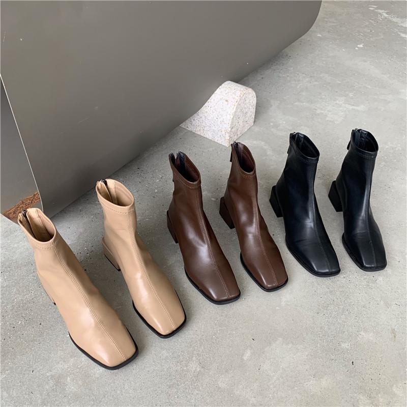 

Boots Square Toe Women Ankle Stretch Shoes 2022 Arrivals Black Brown Khaki Back Zipper Elegant Thick Mid Heels Short
