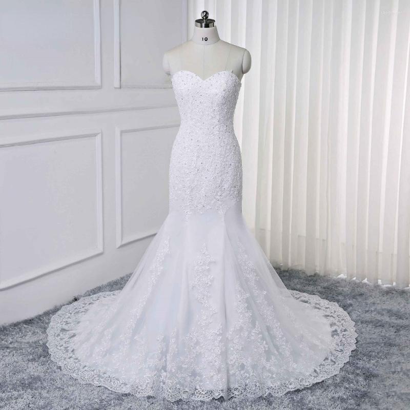 

Wedding Dress Lace Mermaid Sleeveless Sweetheart Neckline Up Back Bridal Applique Handmade Beading Marriage, White