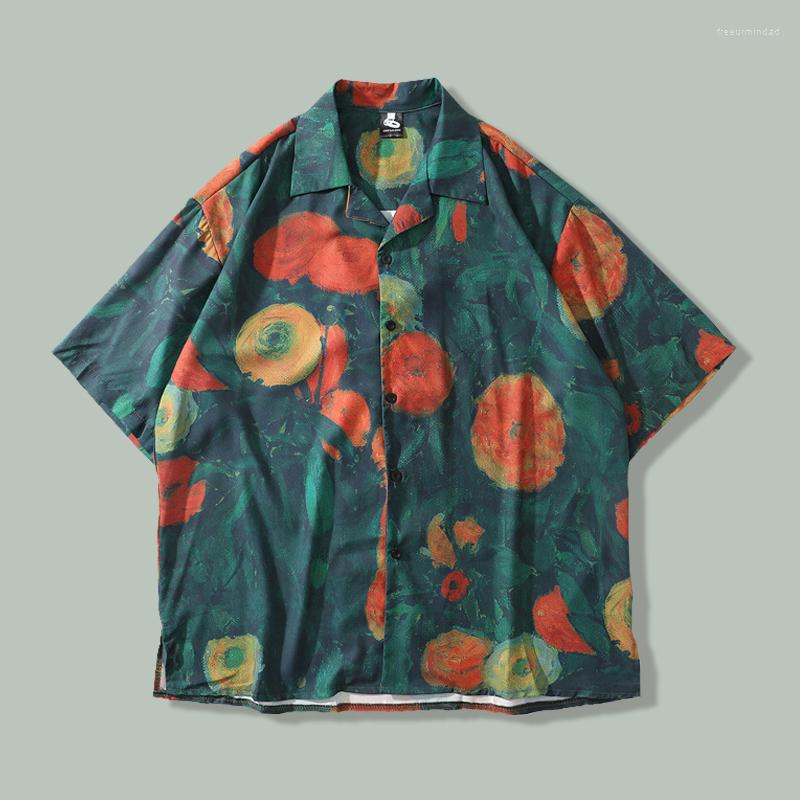 

Men's Casual Shirts Harajuku Retro Oil Painting Print Loose Shirt Men Hip Hop Streetwear Oversize Short Sleeve Tops Summer Hawaiian Beach, Color