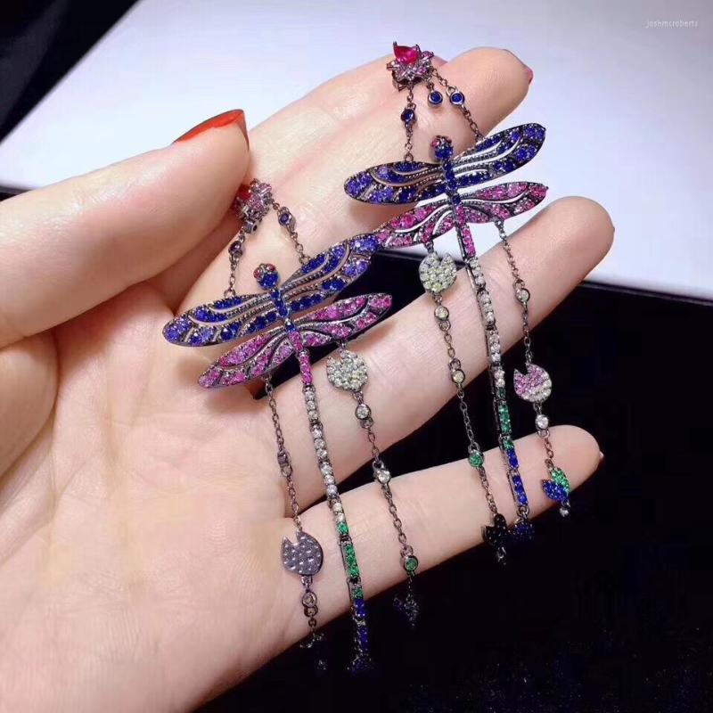 

Dangle Earrings Multi Color Insect Dragonfly Drop Earring Long 925 Sterling Silver With Cubic Zircon Antique Vintage 84 34MM Fashion