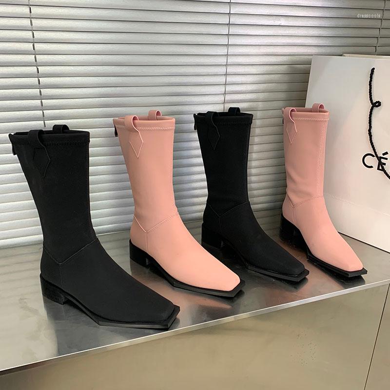 

Boots Fashion Women Mid Calf Black Pink Solid Color Flat Low Heels Slip On Winter Autumn Ladies Botas Square Toe Ankle 39