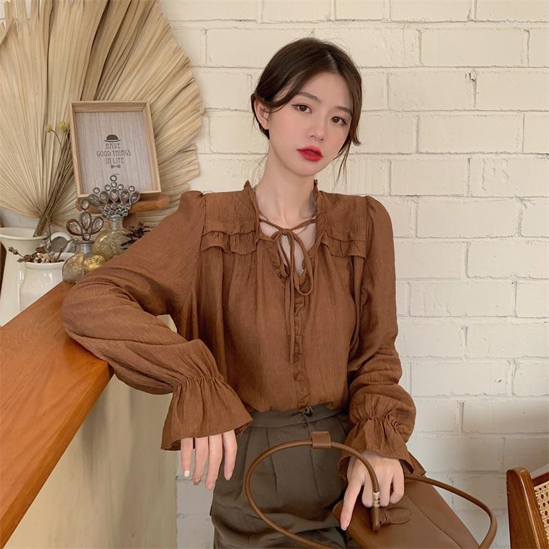 

Women's Blouses Loose Vintage Style Black Blusas De Mujer Flare Sleeve V-neck Early Autumn Ladies Tops Chic Woman's Shirts Solid