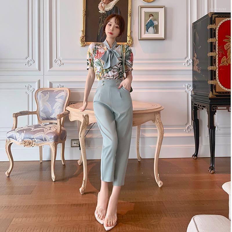 

Women' Two Piece Pants French Style Chic Women Summer Outfits Print Flower Blouse And Slim Green 2 Pieces Set For Ladies Streetwear