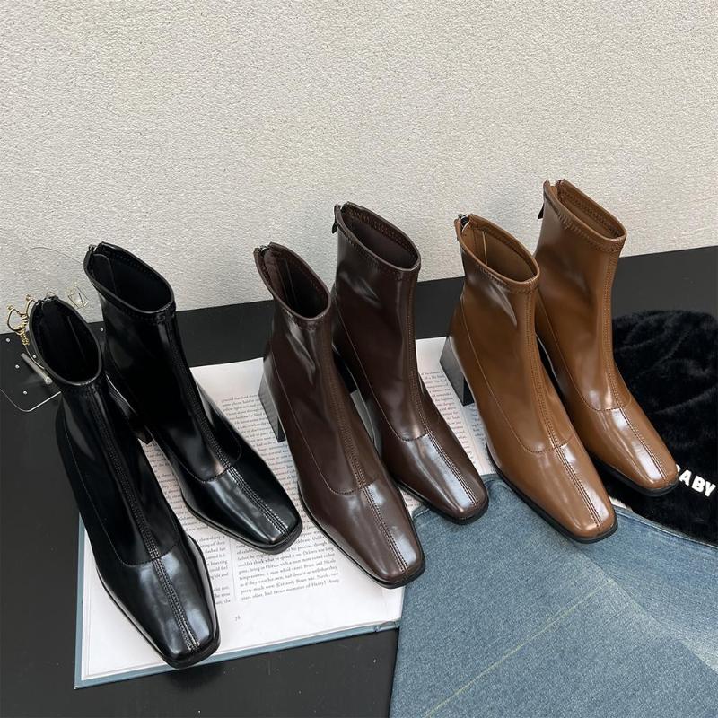 

Boots Round Toe Women Anlke PU Leather Black Brown Khaki Thick Square High Heels Slip On Stretch Shoes Party Pumps Size 35-39