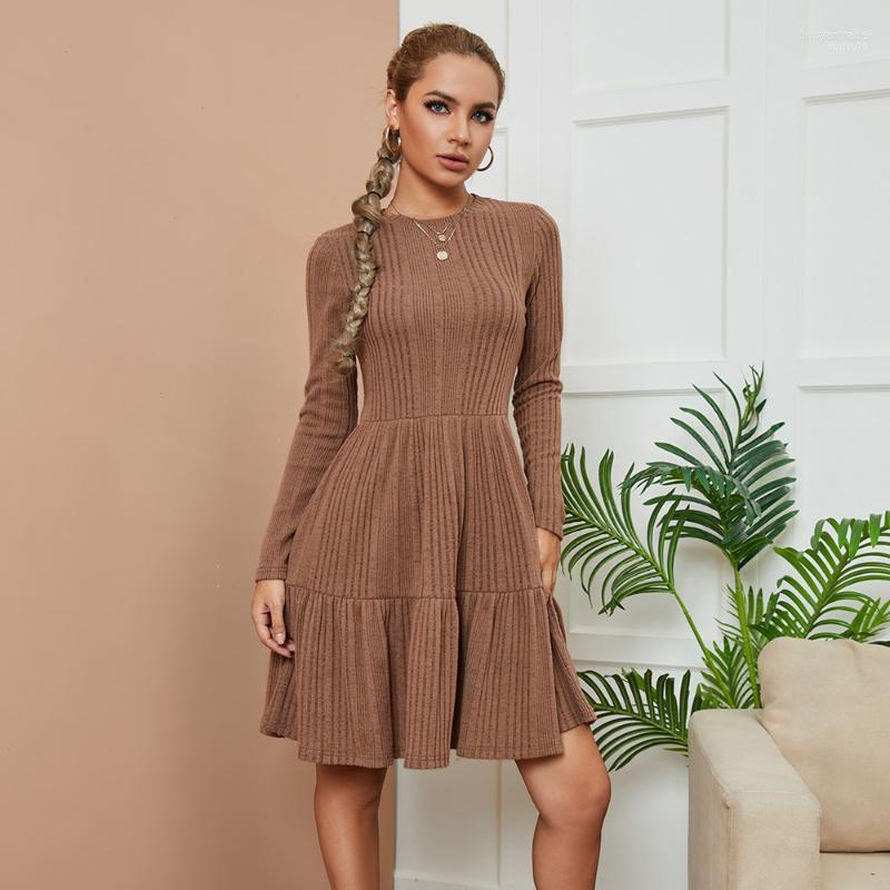

Casual Dresses 2022 Autumn Winter Dress Western Style Fashion Womens Solid Color Knitting Round Neck Long Sleeve High Waist, Black