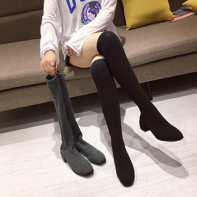 

Boots Women Over The Knee Sock Round Toe Block Mid Heeled Slip On Elastic Knitting Ladies Autumn, Black