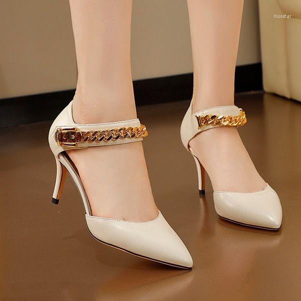 

Sandals Women Fashion Luxury High Heel Ladies Designer Brand Summer Thin Heels Shoes Sheepskin Pointed Toe Metal Pumps 2022, Picture shown