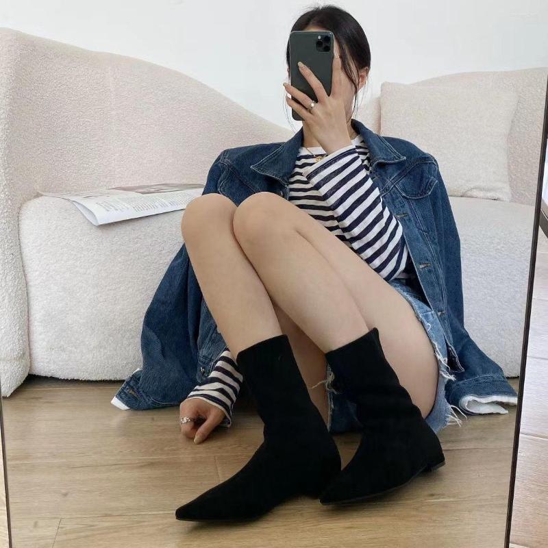 

Boots Pointed Toe Women Ankle Flat Low Heels Flock Black Silver Back Zipper 2022 Arrivals Fashion Short Winter Autumn