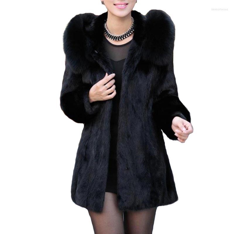 

Women's Fur 2022 Black Fake Jacket Women Winter Imitated Collar Hooded Long Sleeve Loose Warm Coat Chic Overcoat N111