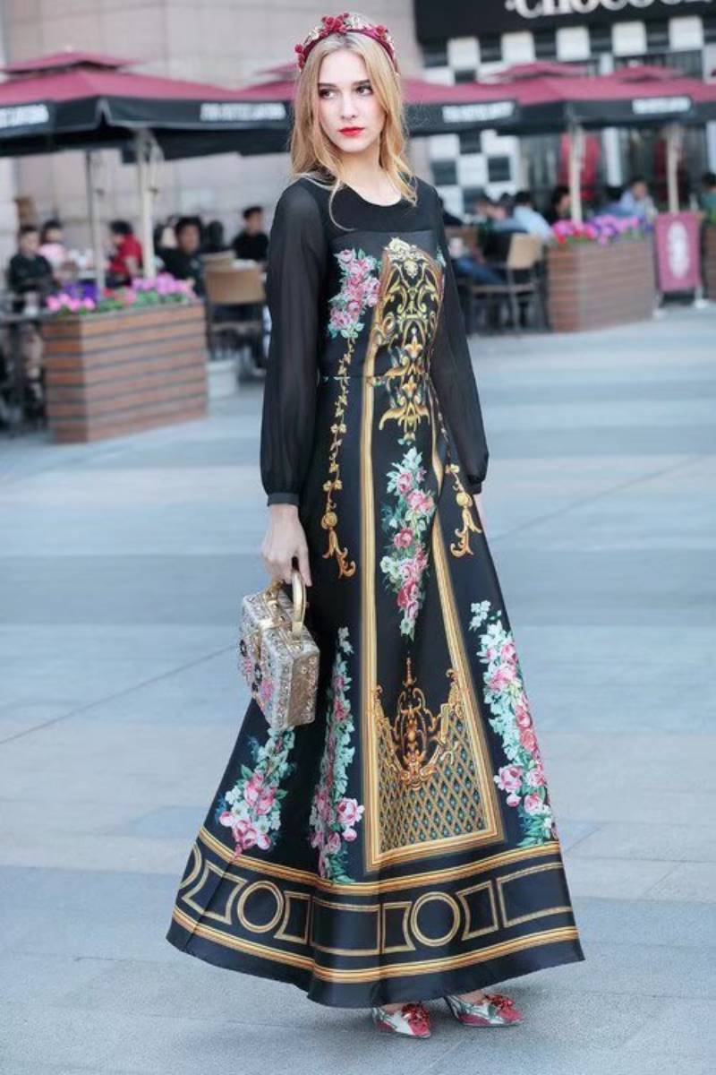 

Ladies dress spring and summer palace style runway model fashion round-necked printed long-sleeved skirt, Black