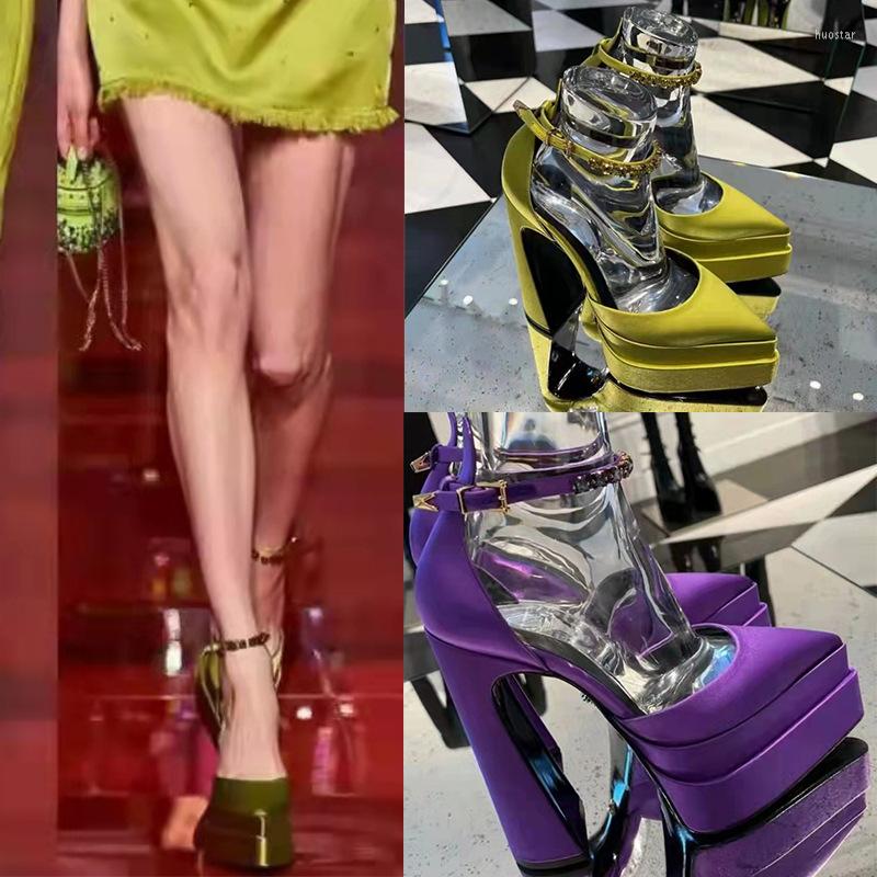 

Sandals Luxury Traf Designer Women Platform Shoes Satin Pumps Crystal Chains Thick Heels Point Toe Chaussure Femme Sexy Escarpin, Picture shown