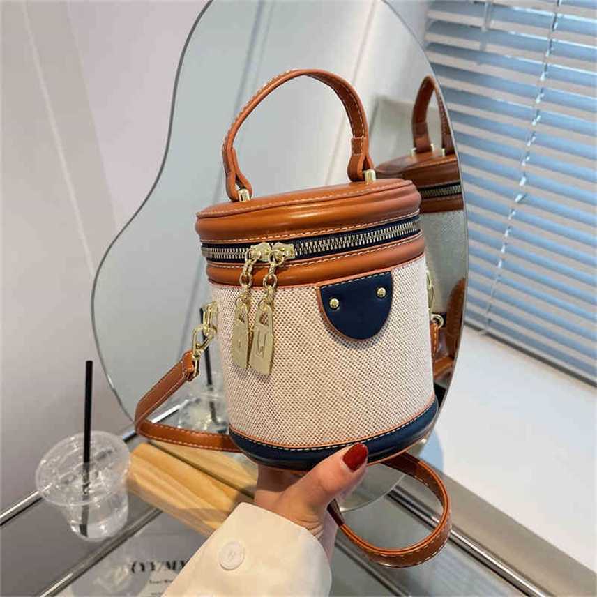 

Bags popular hnd-held cylinder bg new arrivals contrst cnvs with PU texture One Shoulder Messenger Bg Purses, Dark brown