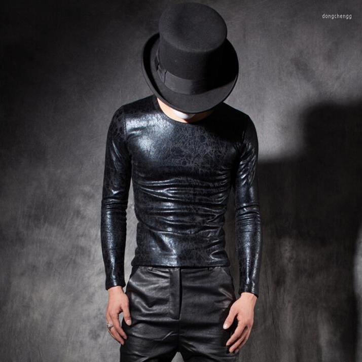 

Men' T Shirts Winter Thick Men' Slim Short Paragraph Long-sleeved Leather T-shirt Male Hairstylist Tight-skinned Crewneck Tide, Black