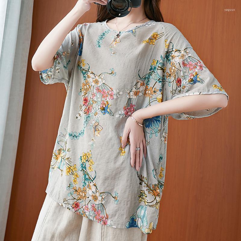 

Women's Blouses Vintage Floral Print Shirt Women Retro O Neck Cotton Linen Top Harajuku Casual Blusas Loose Short Sleeve Blouse Woman Tops, Pic